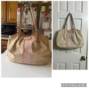 Coach Pinkish/Beige Monogram Cloth Leather Shoulderbag Tote